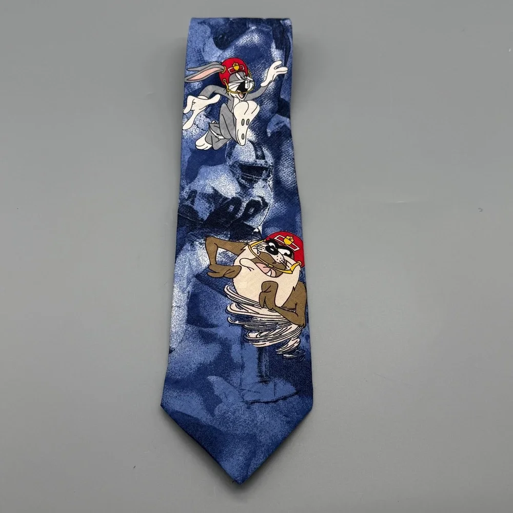 Vintage 1992 Looney Tunes Bugs Bunny‎ Taz Football Silk Tie Handmade Italy Blue